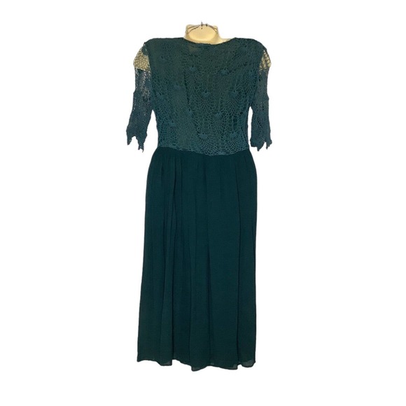 Vintage Dress Womens Small Green Crochet Top Pleated Skirt 90s Boho Grunge Midi - Picture 2 of 8